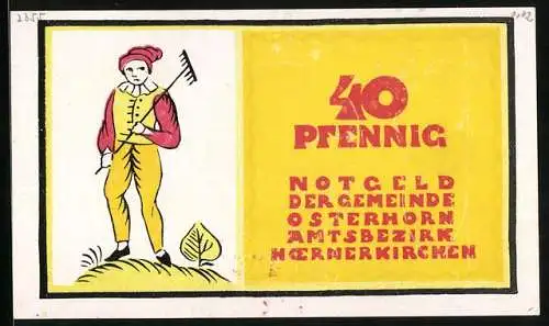 Notgeld Osterhorn /Hoernerkirchen 1921, 40 Pfennig, Stilisierte Vasen, Zipfelmützenfigur mit Harke