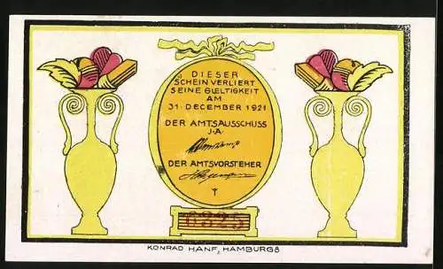 Notgeld Osterhorn /Hoernerkirchen 1921, 40 Pfennig, Stilisierte Vasen, Zipfelmützenfigur mit Harke