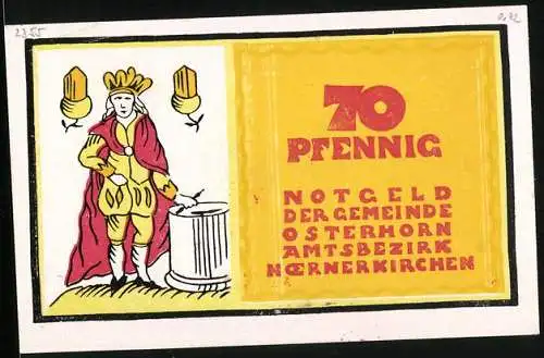 Notgeld Osterhorn /Hoernerkirchen 1921, 70 Pfennig, Stilisierte Vasen, Figur mit Umhang, Eicheln