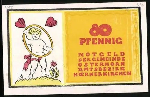 Notgeld Osterhorn /Hoernerkirchen 1921, 80 Pfennig, Stilisierte Vasen, Kind mit Reif, Herzen
