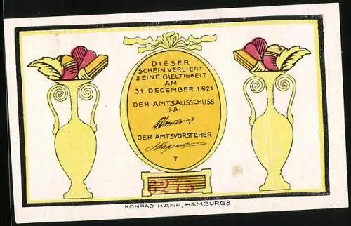 Notgeld Osterhorn /Hoernerkirchen 1921, 20 Pfennig, Stilisierte Vasen, Vogel mit Zweig