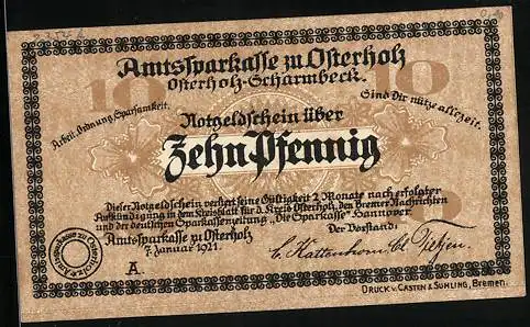 Notgeld Osterholz-Scharmbeck 1921, 10 Pfennig, Blüten-Ornamente