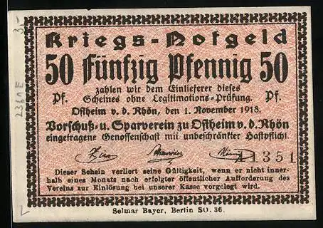 Notgeld Ostheim v. d. Rhön 1918, 50 Pfennig, Ortspartie mit Kirche