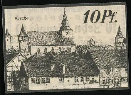 Notgeld Ostheim v. d. Rhön 1918, 10 Pfennig, Ortspartie mit der Kirche