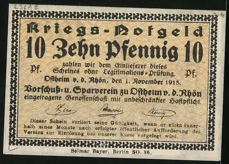 Notgeld Ostheim v. d. Rhön 1918, 10 Pfennig, Ortspartie mit der Kirche