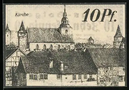 Notgeld Ostheim v. d. Rhön 1918, 10 Pfennig, Teilansicht mit Kirche