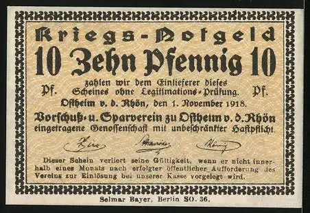 Notgeld Ostheim v. d. Rhön 1918, 10 Pfennig, Teilansicht mit Kirche