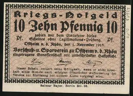 Notgeld Ostheim v. d. Rhön 1918, 10 Pfennig, Rathaus