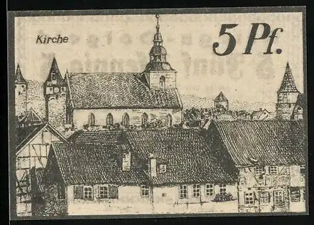 Notgeld Ostheim v. d. Rhön 1918, 5 Pfennig, Kirche mit Umgebung