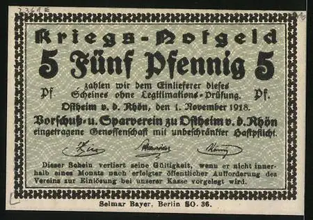 Notgeld Ostheim v. d. Rhön 1918, 5 Pfennig, Kirche mit Umgebung