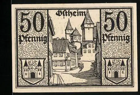 Notgeld Ostheim v. d. Rhön 1918, 50 Pfennig, Wappen, Strassenpartie