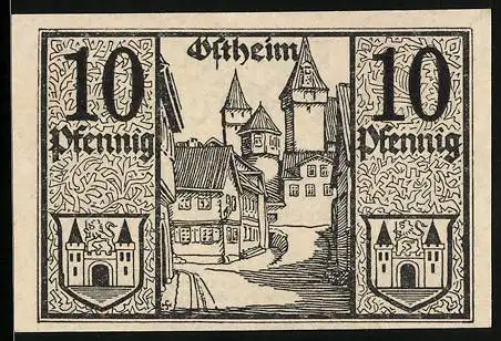 Notgeld Ostheim v. d. Rhön 1918, 10 Pfennig, Wappen, Strassenpartie mit Türmen
