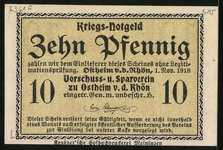 Notgeld Ostheim v. d. Rhön 1918, 10 Pfennig, Wappen, Strassenpartie mit Türmen