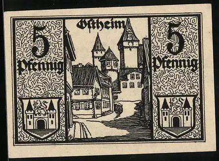 Notgeld Ostheim v. d. Rhön 1918, 5 Pfennig, Wappen, Strassenpartie mit Turmgebäuden
