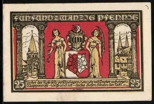 Notgeld Osterwieck am Harz 1921, 25 Pfennig, Gasthof zur Tannen, Wappen mit Figuren, Kirchen