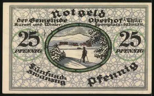 Notgeld Oberhof i. Thür. 1919, 25 Pfennig, Ski-Langläufer mit Blick zur Ortschaft