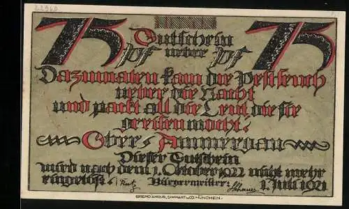 Notgeld Ober-Ammergau 1921, 75 Pfennig, Der Tod über der Stadt