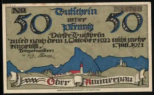 Notgeld Ober-Ammergau 1921, 50 Pfennig, Ortsansicht gegen die Berge