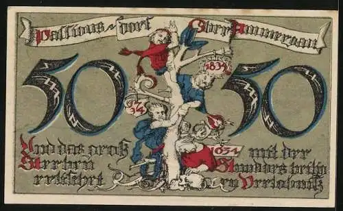 Notgeld Ober-Ammergau 1921, 50 Pfennig, Ortsansicht gegen die Berge