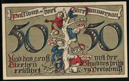 Notgeld Ober-Ammergau 1921, 50 Pfennig, Ortsansicht mit zentraler Kirche gegen die Berge