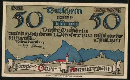 Notgeld Ober-Ammergau 1921, 50 Pfennig, Ortsansicht mit zentraler Kirche gegen die Berge