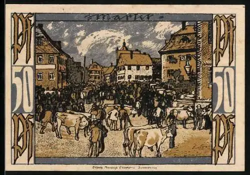 Notgeld Oberlind 1921, 50 Pfennig, Belebte Szene am Markt