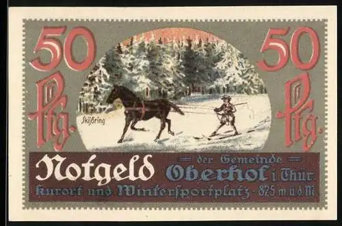 Notgeld Oberhof i. Thür. 1921, 50 Pfennig, Skijöring, Skifahrer wird von Pferd gezogen