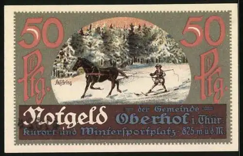 Notgeld Oberhof i. Thür. 1921, 50 Pfennig, Skifahrer hinter seinem Pferd