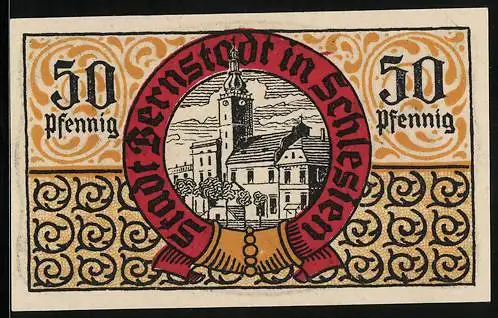 Notgeld Bernstadt in Schlesien, 50 Pfennig, Blick aufs Rathaus