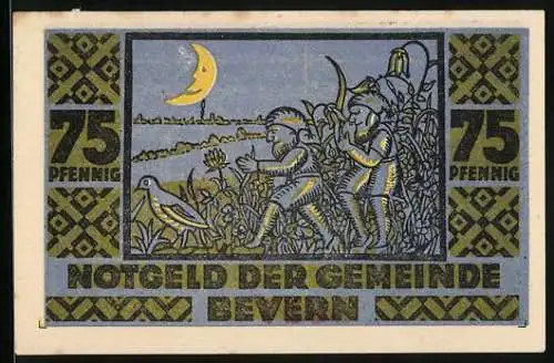 Notgeld Bevern, 75 Pfennig, Zwerge schleichen sich an einen Vogel an