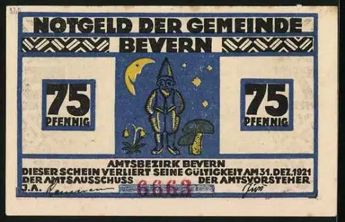 Notgeld Bevern, 75 Pfennig, Zwerge schleichen sich an einen Vogel an