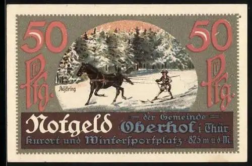 Notgeld Oberhof i. Thür. 1921, 50 Pfennig, Mann beim Skijöring