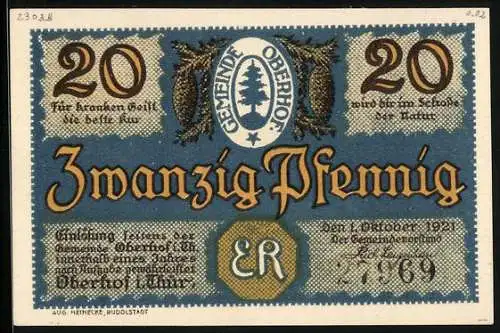 Notgeld Oberhof i. Thür. 1921, 20 Pfennig, Herzog Ernst-Denkmal am Wasser
