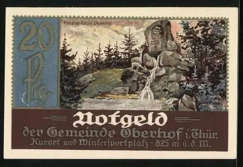 Notgeld Oberhof i. Thür. 1921, 20 Pfennig, Herzog Ernst-Denkmal am Wasser