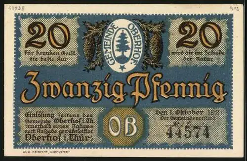 Notgeld Oberhof i. Thür. 1921, 20 Pfennig, Herzog Ernst-Denkmal