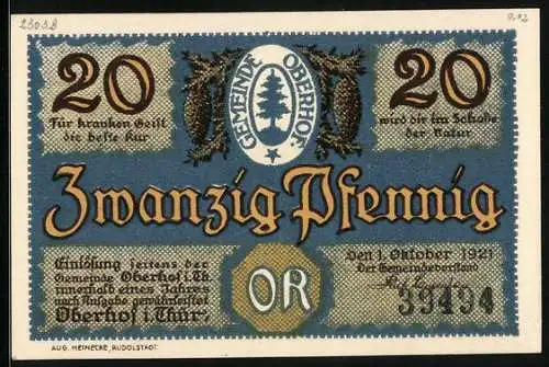 Notgeld Oberhof i. Thür. 1921, 20 Pfennig, Denkmal Herzog Ernsts