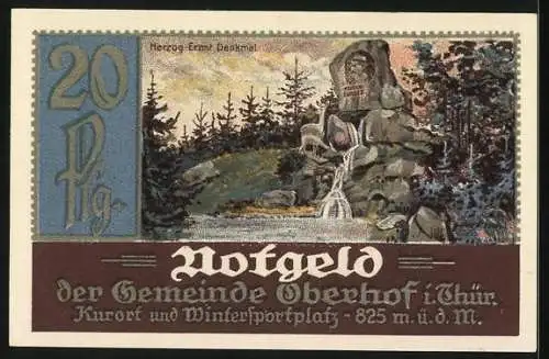 Notgeld Oberhof i. Thür. 1921, 20 Pfennig, Denkmal Herzog Ernsts
