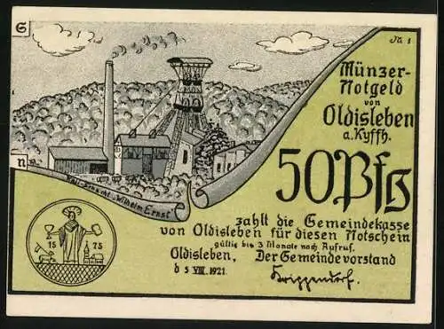 Notgeld Oldisleben a. Kyffh. 1921, 50 Pfennig, Kali-Schacht Wilhelm Ernst, Thomas Müncer predigt zum Aufruhr