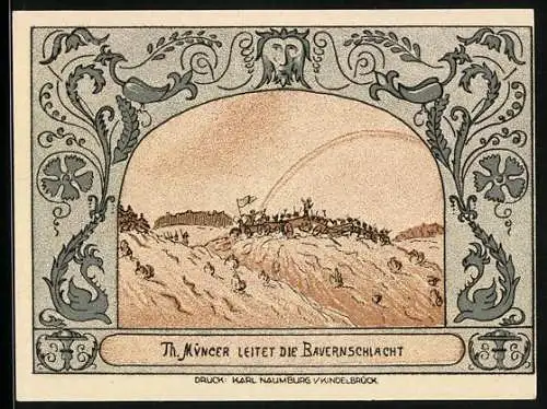 Notgeld Oldisleben a. Kyffh. 1921, 50 Pfennig, Die Sachsenburgen, Th. Müncer leitet die Bauernschlacht