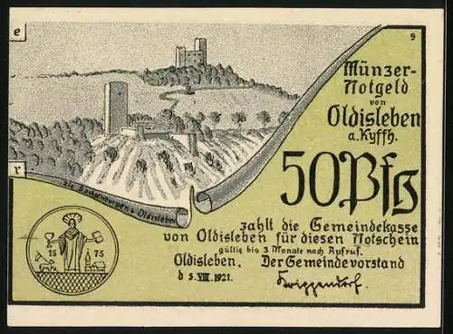 Notgeld Oldisleben a. Kyffh. 1921, 50 Pfennig, Die Sachsenburgen, Th. Müncer leitet die Bauernschlacht