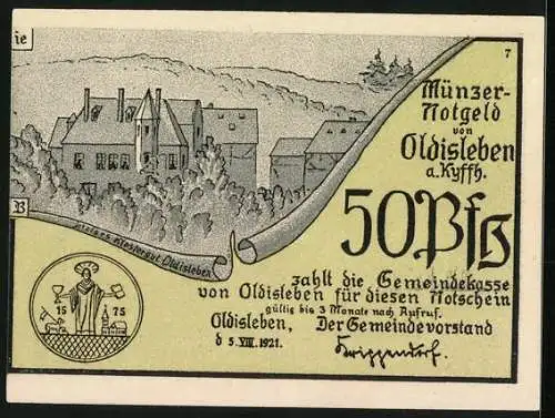 Notgeld Oldisleben a. Kyffh. 1921, 50 Pfennig, Das Klostergut, Müncers Gefangennahme