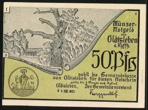 Notgeld Oldisleben a. Kyffh. 1921, 50 Pfennig, Die dicke Eiche, Die geschlagenen Bauern fliehen