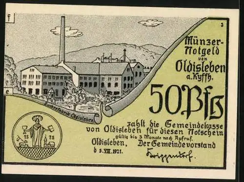 Notgeld Oldisleben a. Kyffh. 1921, 50 Pfennig, Die Zuckerfabrik, Th. Müncers Überführung
