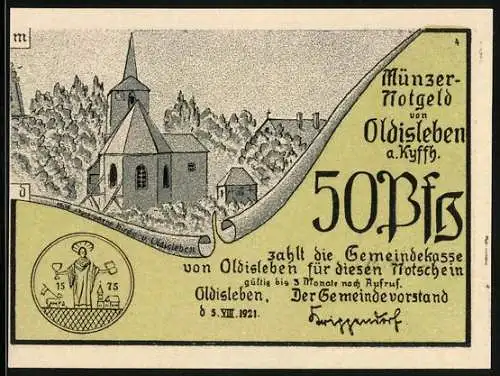 Notgeld Oldisleben a. Kyffh. 1921, 50 Pfennig, Die abgebrochene Kirche, Bauern durchziehen die Stadt