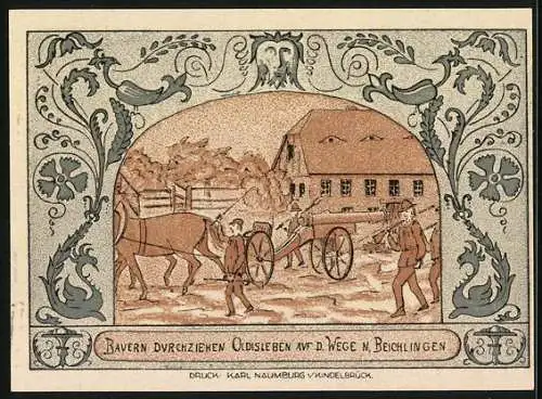 Notgeld Oldisleben a. Kyffh. 1921, 50 Pfennig, Die abgebrochene Kirche, Bauern durchziehen die Stadt