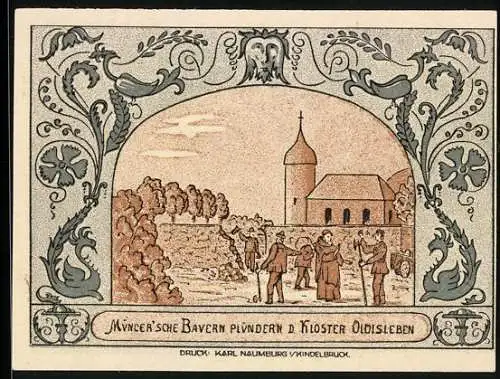 Notgeld Oldisleben a. Kyffh. 1921, 50 Pfennig, Das Benediktinerkloster, Müncer`sche Bauern plündern das Kloster