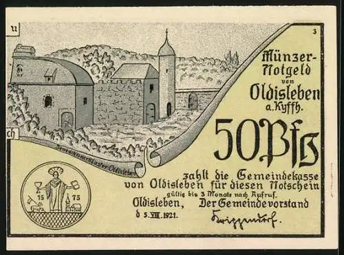 Notgeld Oldisleben a. Kyffh. 1921, 50 Pfennig, Das Benediktinerkloster, Müncer`sche Bauern plündern das Kloster