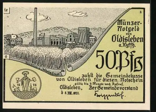 Notgeld Oldisleben a. Kyffh. 1921, 50 Pfennig, Kali-Mühle Wilhelm Ernst, Bauern schliessen sich Müncer an