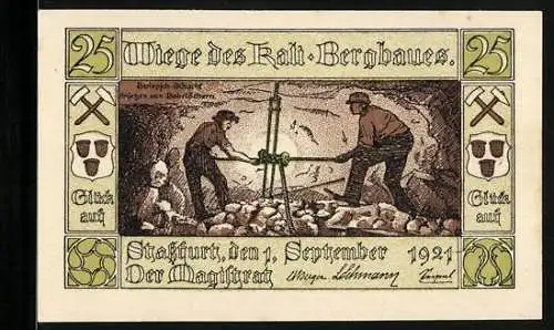 Notgeld Stassfurt 1921, 25 Pfennig, Berlepsch-Schacht, Ansetzen von Bohrlöchern