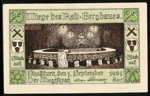 Notgeld Stassfurt 1921, 25 Pfennig, Berlepsch-Schacht, Festsaal